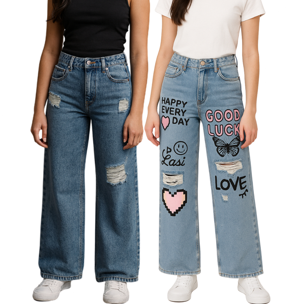 Kit 2 Calças Jeans Menina Pantalona Wide leg Estampas Premium Infantil e Juvenil