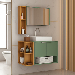 !!! QUEIMA DE ESTOQUE !!! Gabinete Banheiro Ibiza com Cuba 2 Portas e Armário Espelheira - PISTACHE/NATURALLE em Oferta na Shopee