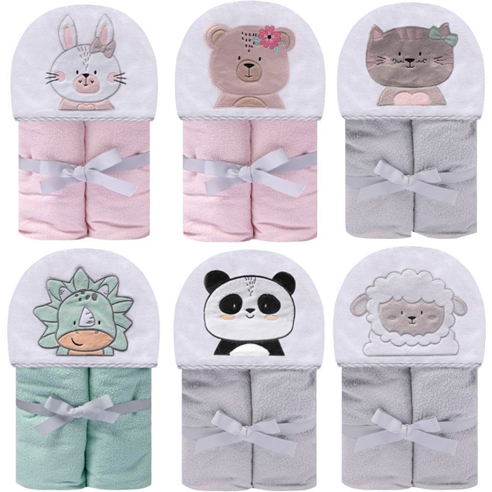 Toalha de banho bebê 90cm x 70cm Felpuda com capuz Papi Friends com forro de fralda soft