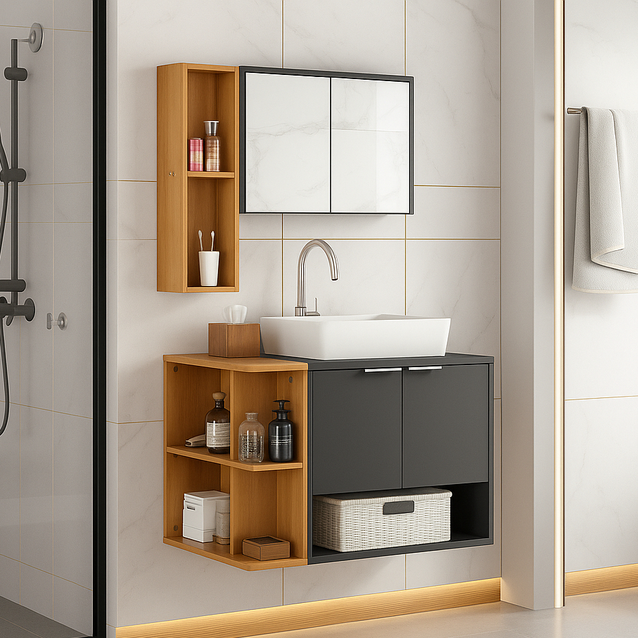 *QUEIMA DE ESTOQUE* Gabinete Banheiro Ibiza com Cuba 2 Portas e Armário Espelheira - PRETO em Oferta na Shopee