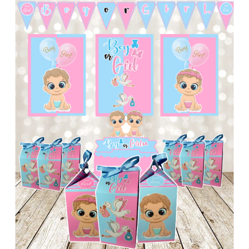 🎉 Kit Festa BOY OR GIRL-CHÁ REVELAÇÃO-REVELACAO– Painéis + Caixinhas milk+Topo de bolo+Bandeirola-SÓ UM BOLINHO 🎉