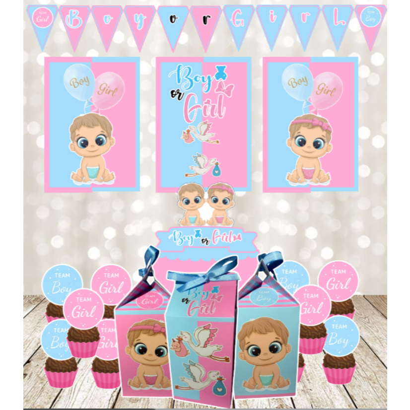 🎉 Kit Festa BOY OR GIRL-CHÁ REVELAÇÃO– Painéis + Caixinhas milk+Topo de bolo+Bandeirola-TOP DOCINHOS-SÓ UM BOLINHO 🎉