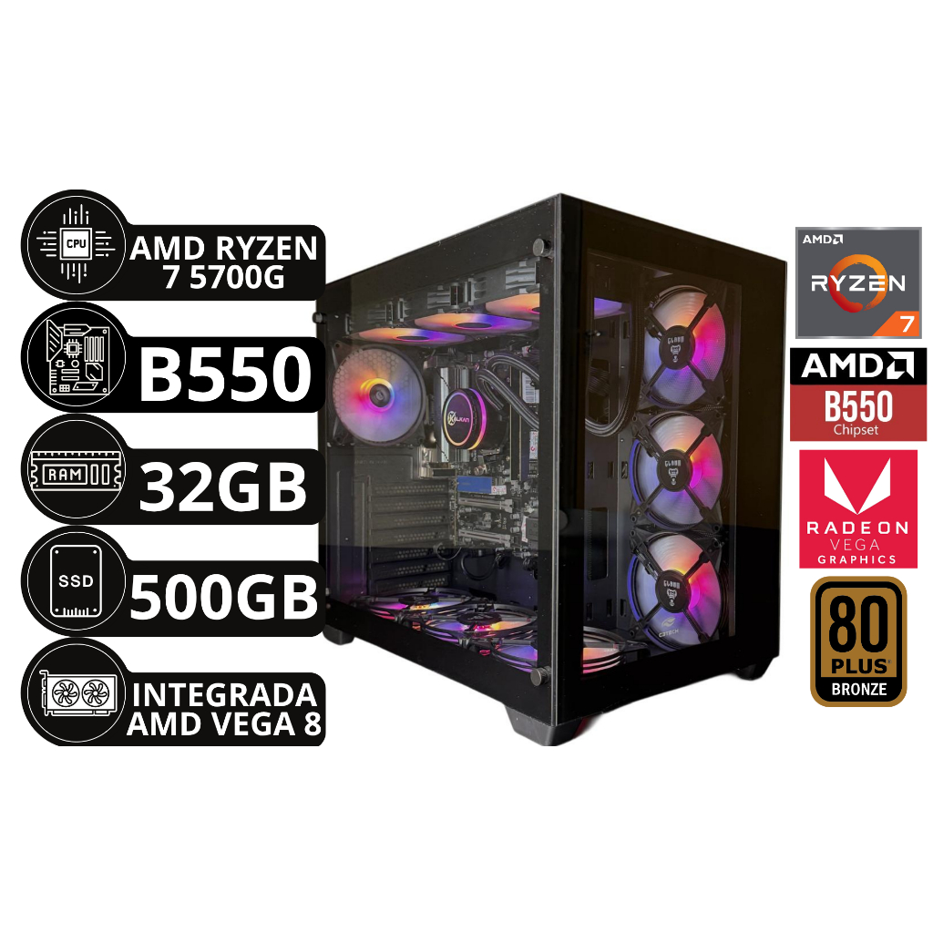 Pc Gamer Preto Amd Ryzen 7 5700g, B550m Aorus Elite, 32gb Ddr4, Nvme 500gb, Video Integrado Vega 8