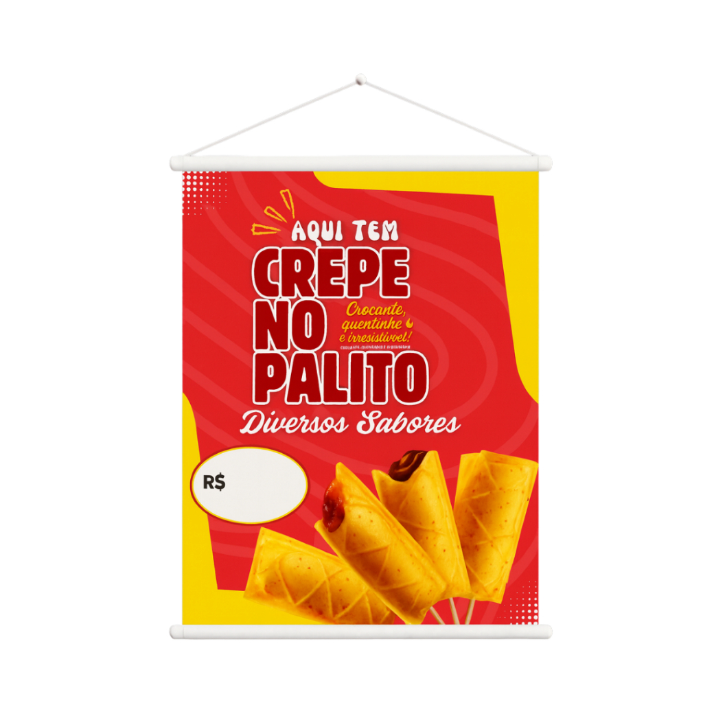 BANNER ARTE PRONTA - TEMOS CREPE SUIÇO NO PALITO - LONA DECORATIVA PARA FOOD TRUCK E LANCHONETE