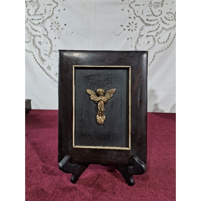 antigo quadro jacarandá com Anjo de bronze/antiguidade