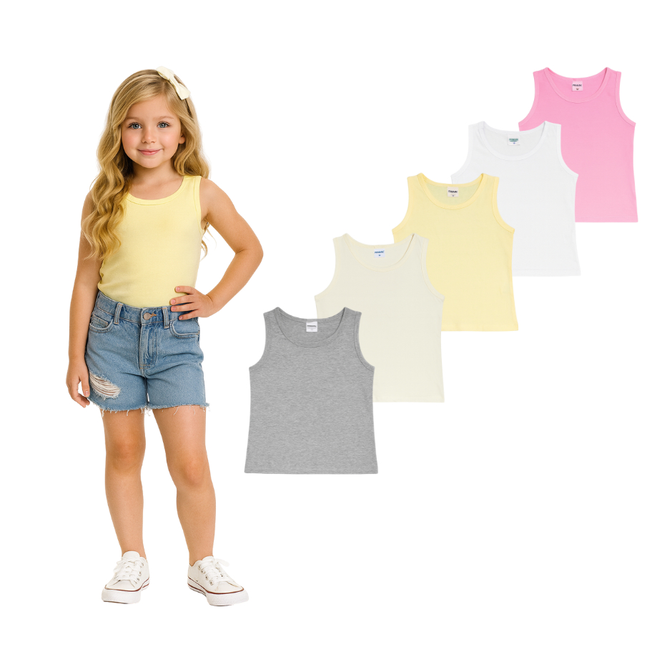 KIT 5 Blusas Infantil Menina Regata Tecido Cotton Verão Blusinhas Regatinhas Básicas Juvenil em Oferta na Shopee