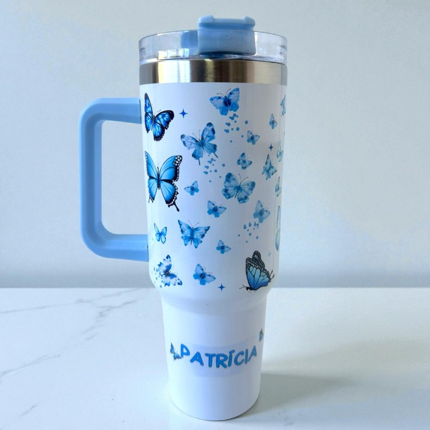 COPO TÉRMICO 1200ML Borboletas PERSONALIZADO COM NOME | GARRAFA INOX Borboletas