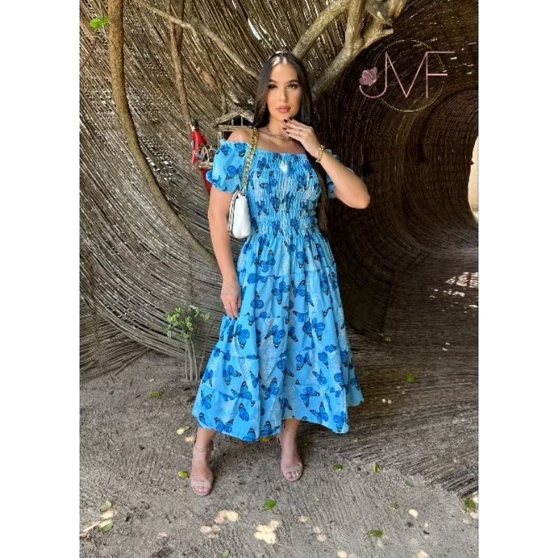 Vestido feminino elegante com babado e lastex | Moda evangélica | Estampado e estiloso com manga bufante | Ref. 130