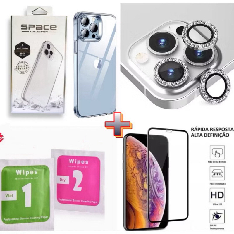 Capa transparente acrílico para iPhone 11 12 13 14 15 16 + Kit Lente Película De Câmera Diamante + Película De Vidro 3d