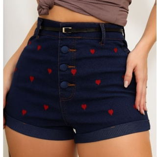Short jeans Lycra bordado cintura alta botão encapado em Oferta na Shopee