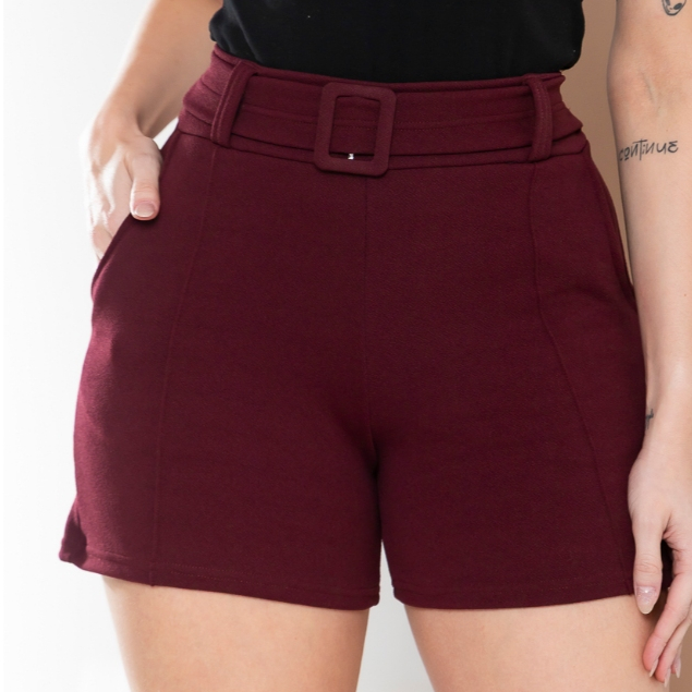 SHORT FEMININA   CINTURA ALTA BOLSO NA FRENTE MALHA  CREPE FIVELA ENCAPADO em Oferta na Shopee