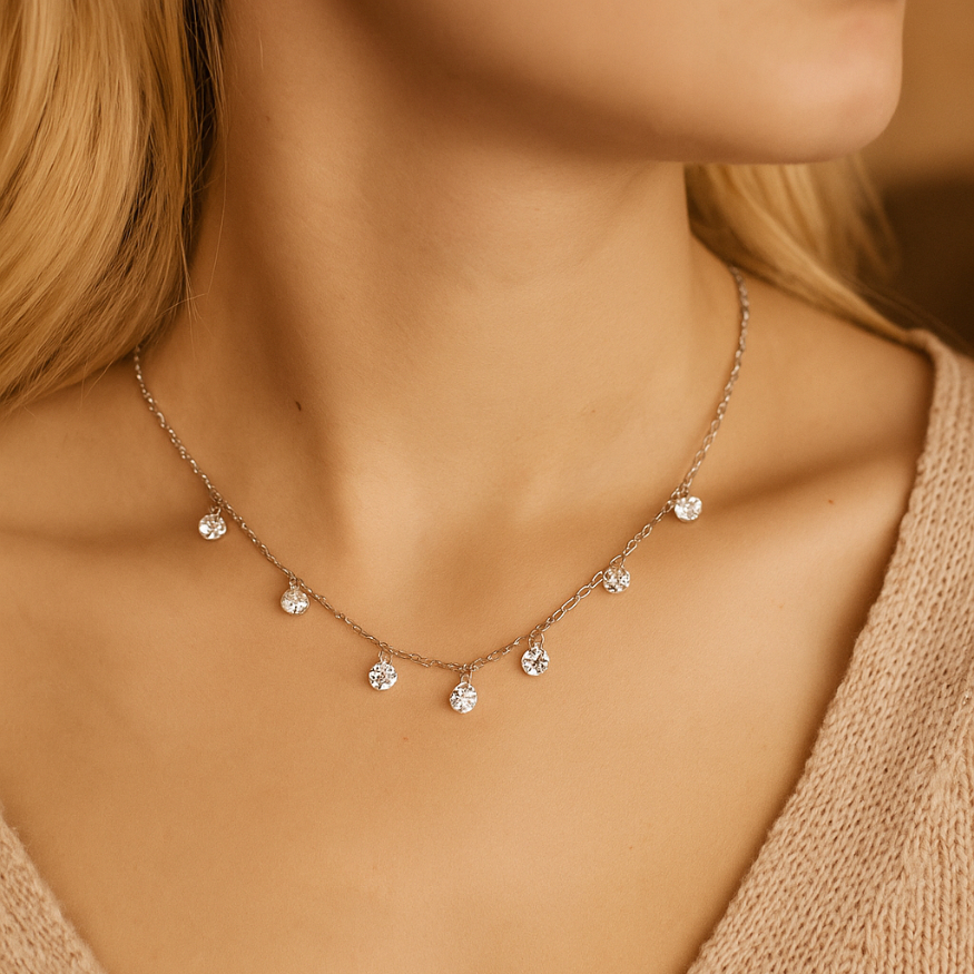 Colar Feminino em Aço Inoxidável com Pingentes de Pedras Zircônia