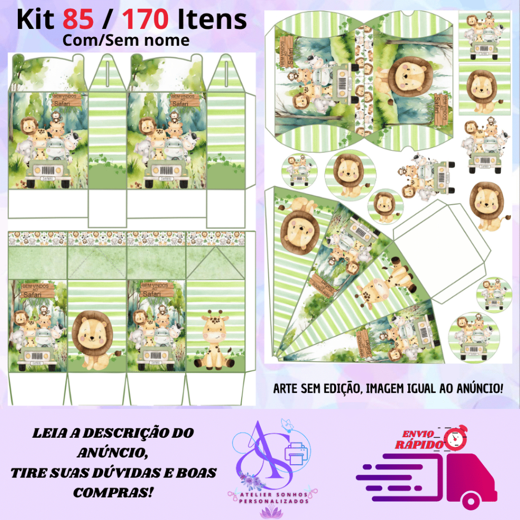 Kit com 85/170 itens lembrancinhas TEMA: SAFARI VERDE (COM/SEM NOME) - Envio Rápido
