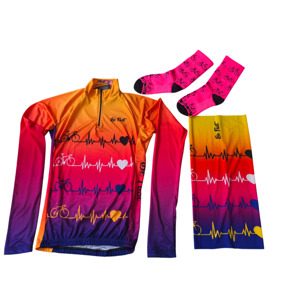 Kit Ciclista Batimentos Be fast Camisa Manga longa bandana tubo e meia de compressão feminina