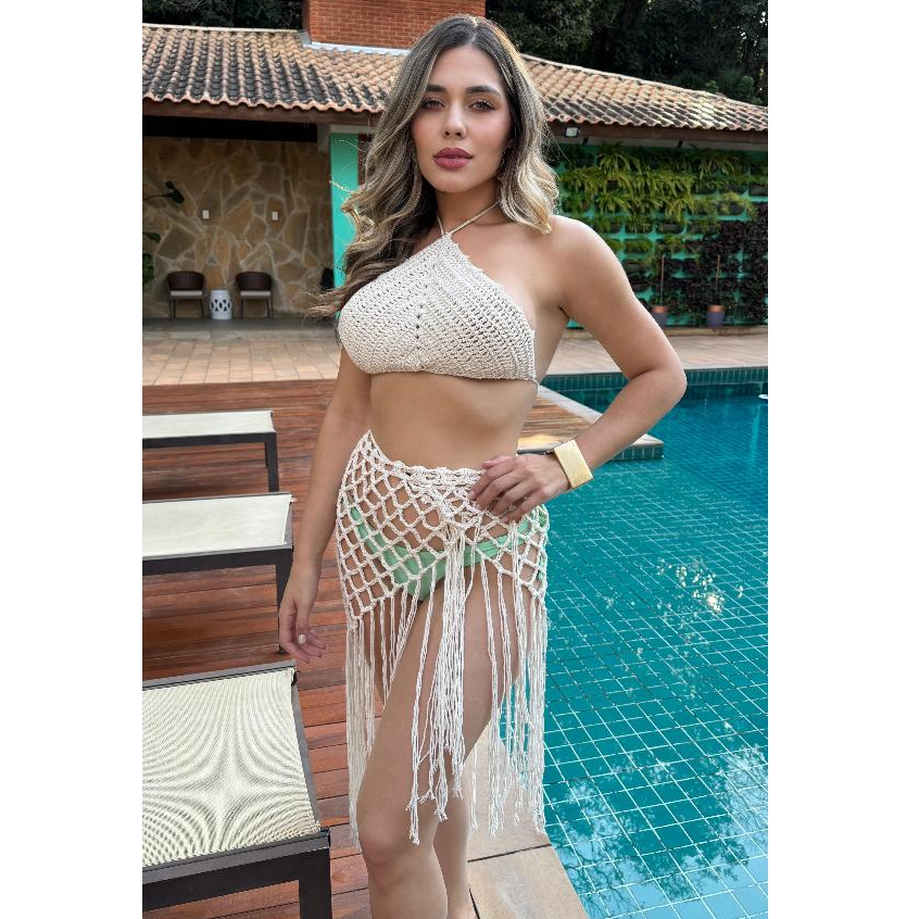 Conjunto Feminino Canga Saia Crochê com Franja + Top Frente Única Tricô Verão Praia Piscina Férias