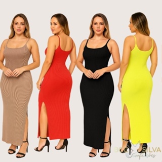 Vestido canelado de alça  Feminino Longo lascado fenda lateral Casual em Oferta na Shopee