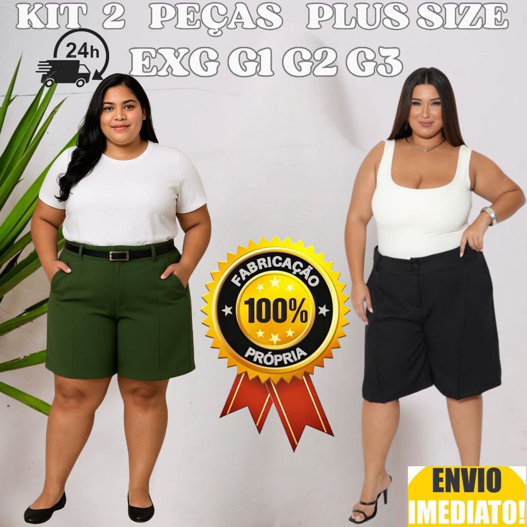 Kit 2 Bermuda Feminino Plus Size Alfaiataria Envio Imediato em Oferta na Shopee
