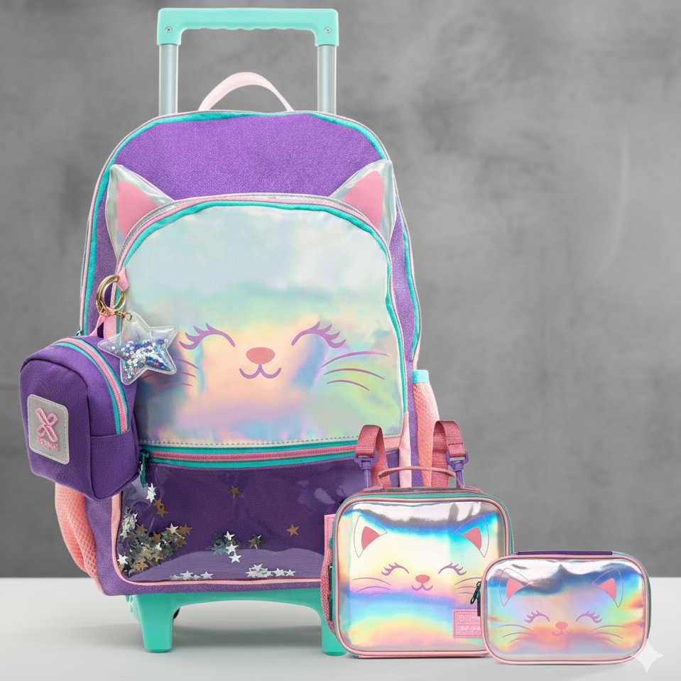 Kit Escolar Menina Mochila Rodinha + Lancheira Térmica + Estojo Box Grande Gatinho Glitter