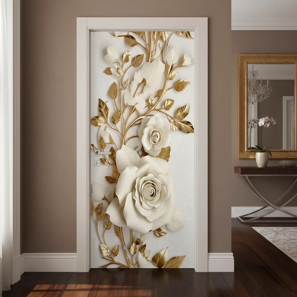 Adesivo Decorativo de Porta de Madeira Vidro Flores Rosa Branca Floral Natureza Residencial Quarto em Oferta na Shopee
