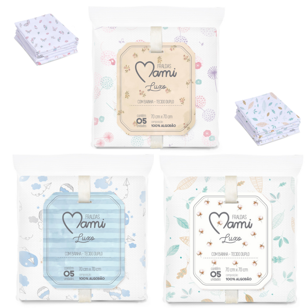 KIT 5 UNIDADES DE FRALDAS DE PANO MAMI LUXO 68x68cm ESTAMPADA C/BAINHA PAPI