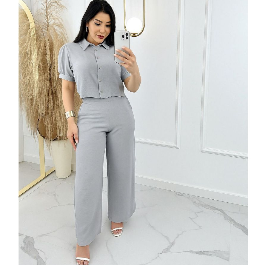 Conjunto Feminino Dunas Alfaiataria Social Calça Pantalona Forrada com Bolsos Laterais Blusa Cinza