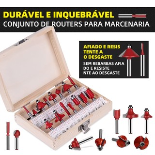 Jogo de 15 Fresas para Madeira - Carbeto, Afiado, Durável - Router Bit Set Carpintaria