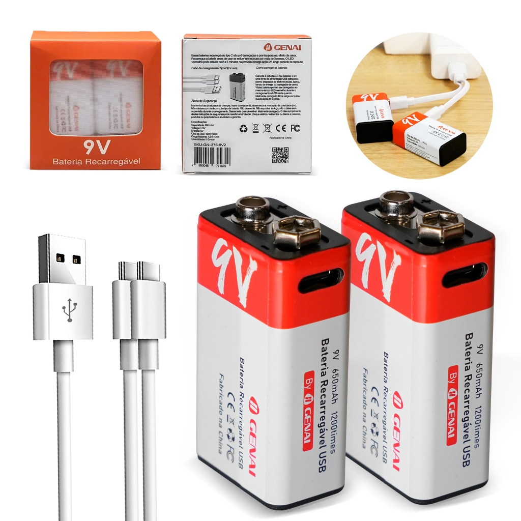 Kit 1/Kit 2 Pilhas Recarregáveis 9V 650mAh IIgenai - USB-C, Carga Rápida 2h, 1200 Ciclos em Oferta na Shopee