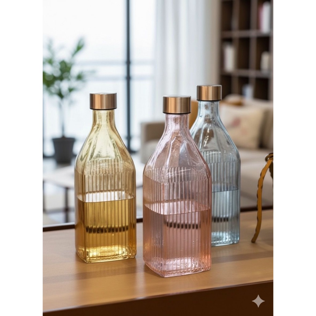 Imagem Garrafa De Vidro Scotch 1 Litro Quadrada Canelada Tampa Inox Água Suco Para Geladeira