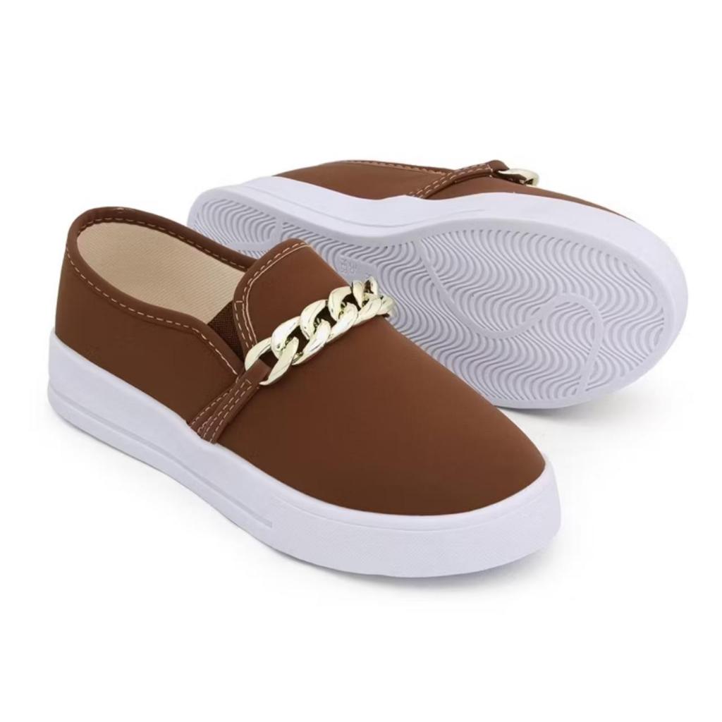 Tênis Feminino Casual Confortável Iate Slip On Stillus Calce Fácil Corrente Nobuck