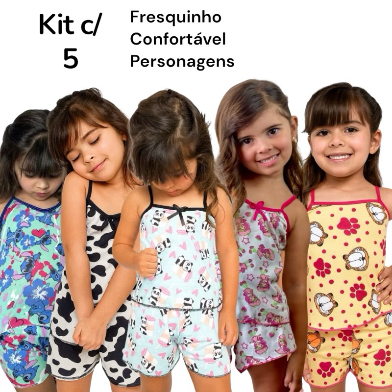 Kit 5 Pijamas Infantil Baby Doll MICRO Fresquinho  Estampado Lindo com Short Roupa de Dormir Criança