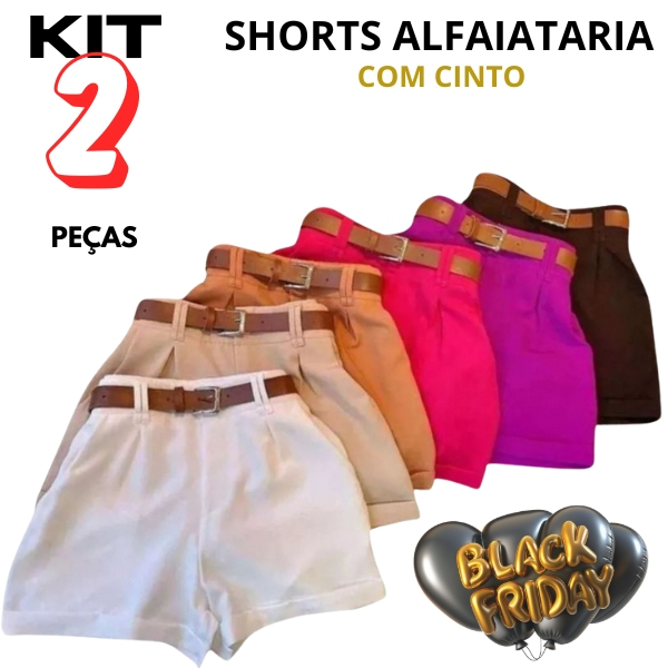 Kit 2 Shorts Alfaiataria Feminina Social Cintura Alta Disfarça Barriga
