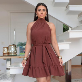 Vestido Feminino Curto Gola Halter Amarração No Pescoço Soltinho Tendência Chic Elegante em Oferta na Shopee