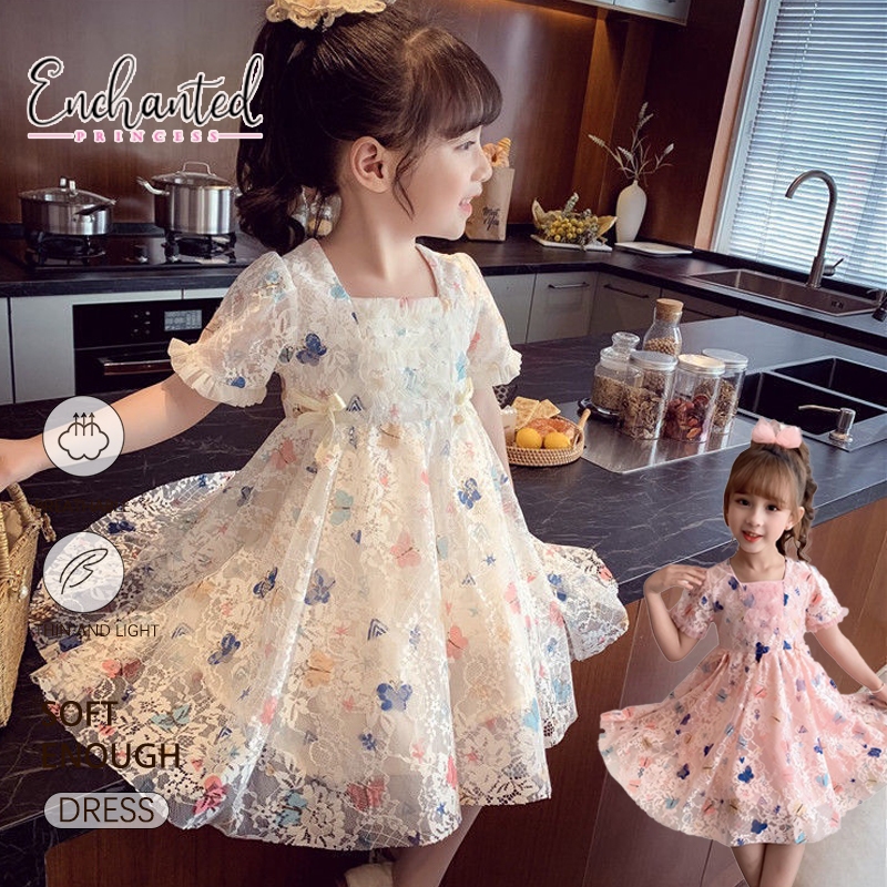 ENCHANTED PRINCESS Um lindo vestido rosa com estampa de borboleta, perfeito para o dia a dia, leve e confortável em Oferta na Shopee