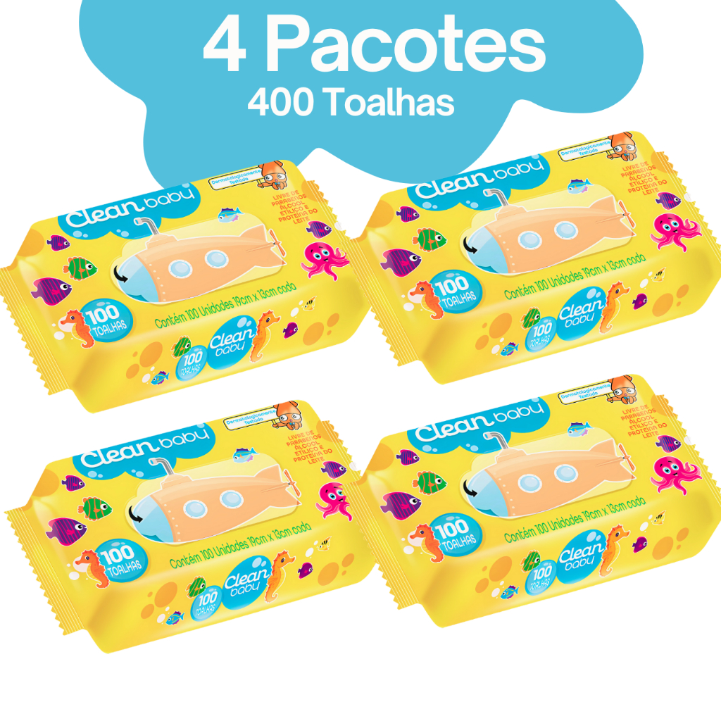 Toalha Umedecida Clean Baby sem álcool etílico 4 pacotes (400 unidades)
