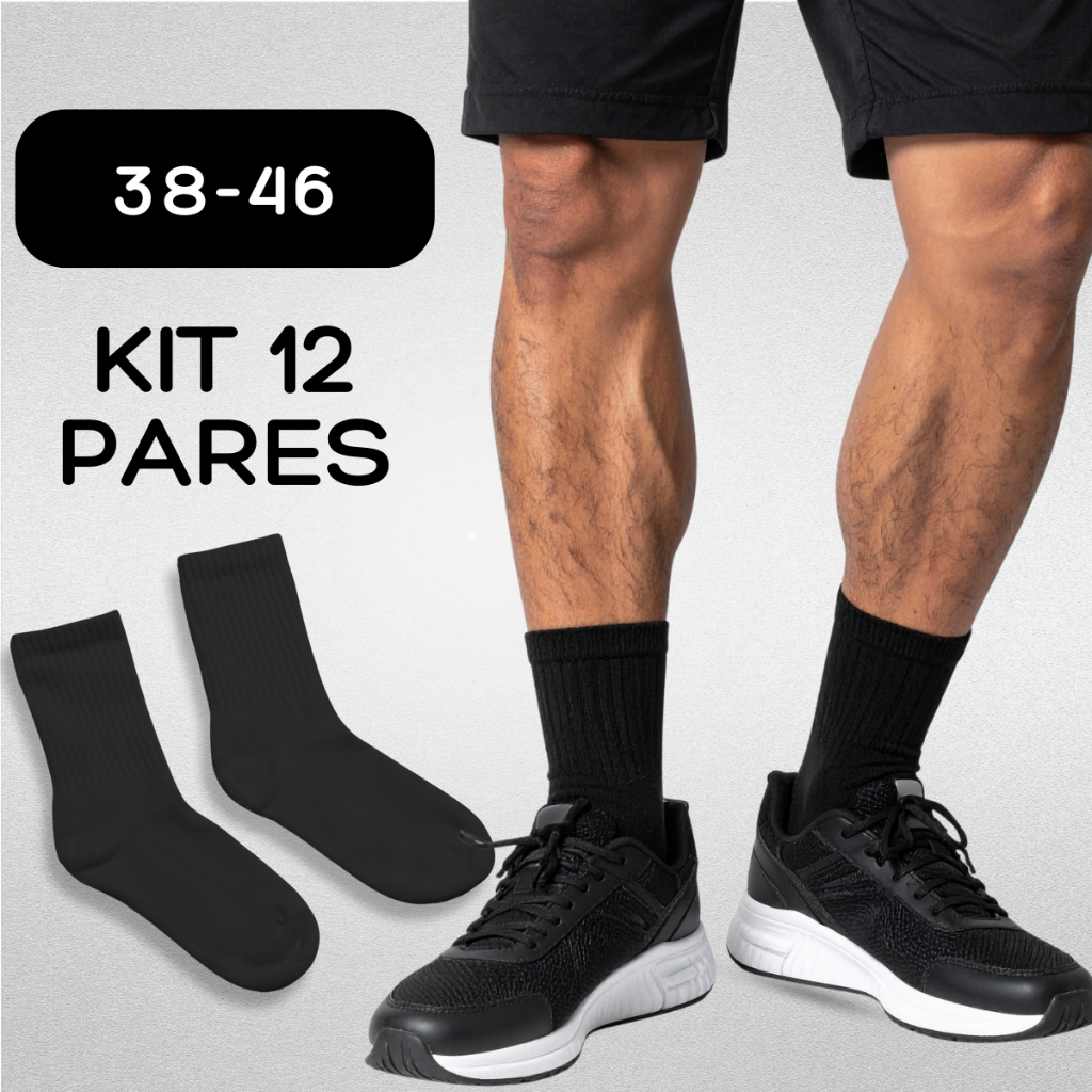 Kit Até 12 Pares Meia Masculina Preta Cano Medio Anatomico Respirável