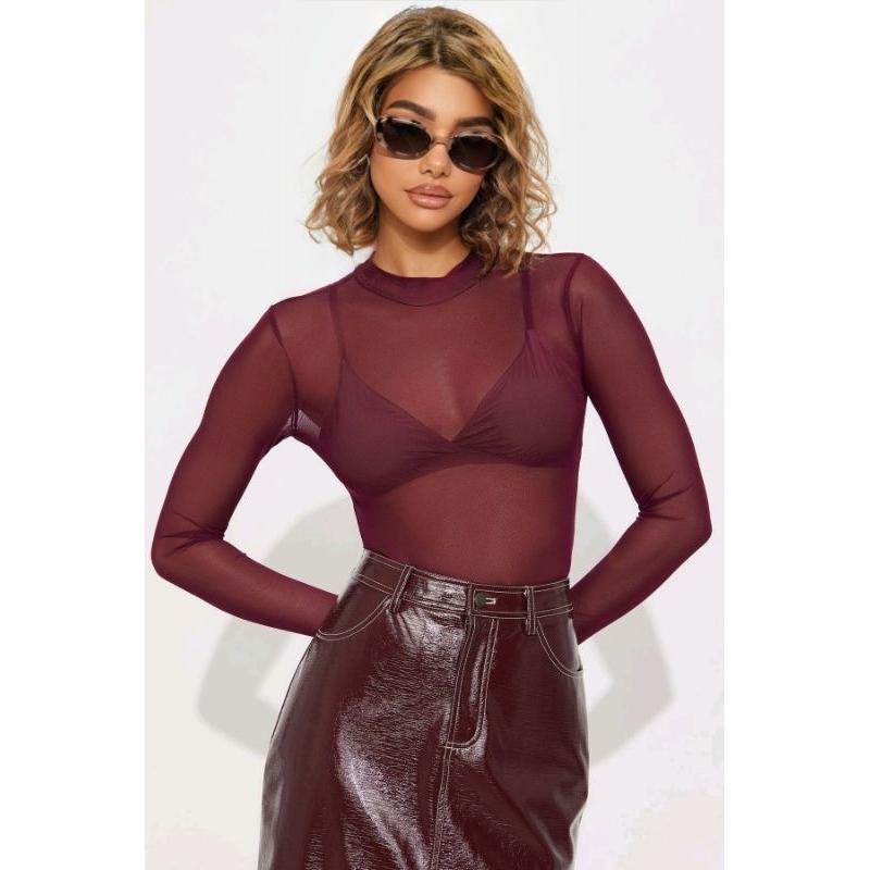 Body Tule Liso Bordô/Marsala (Vinho) – Manga Longa, Transparência Fina e Elasticidade 360° – Tam Único PP ao M 34-38