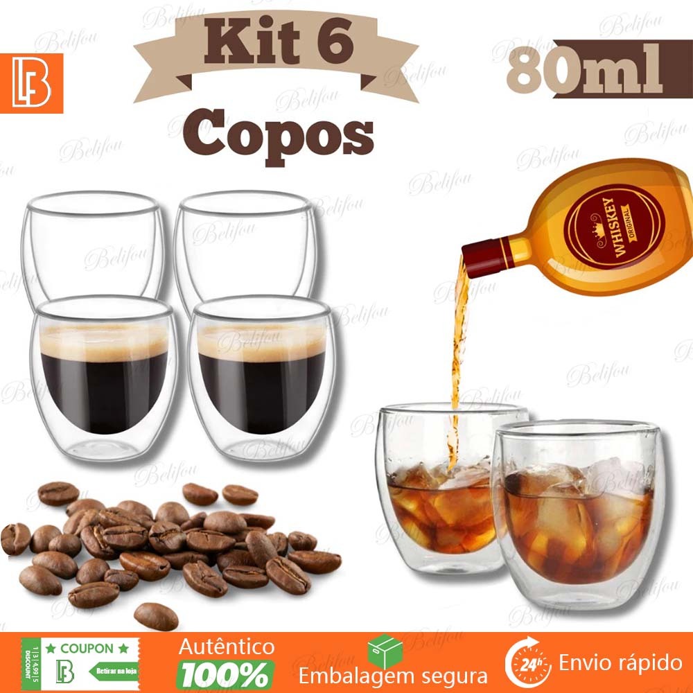 Belifou Kit 6 Jogo De Copos De Vidro Peças Café Dupla 80ml Resistente Transparente em Oferta na Shopee