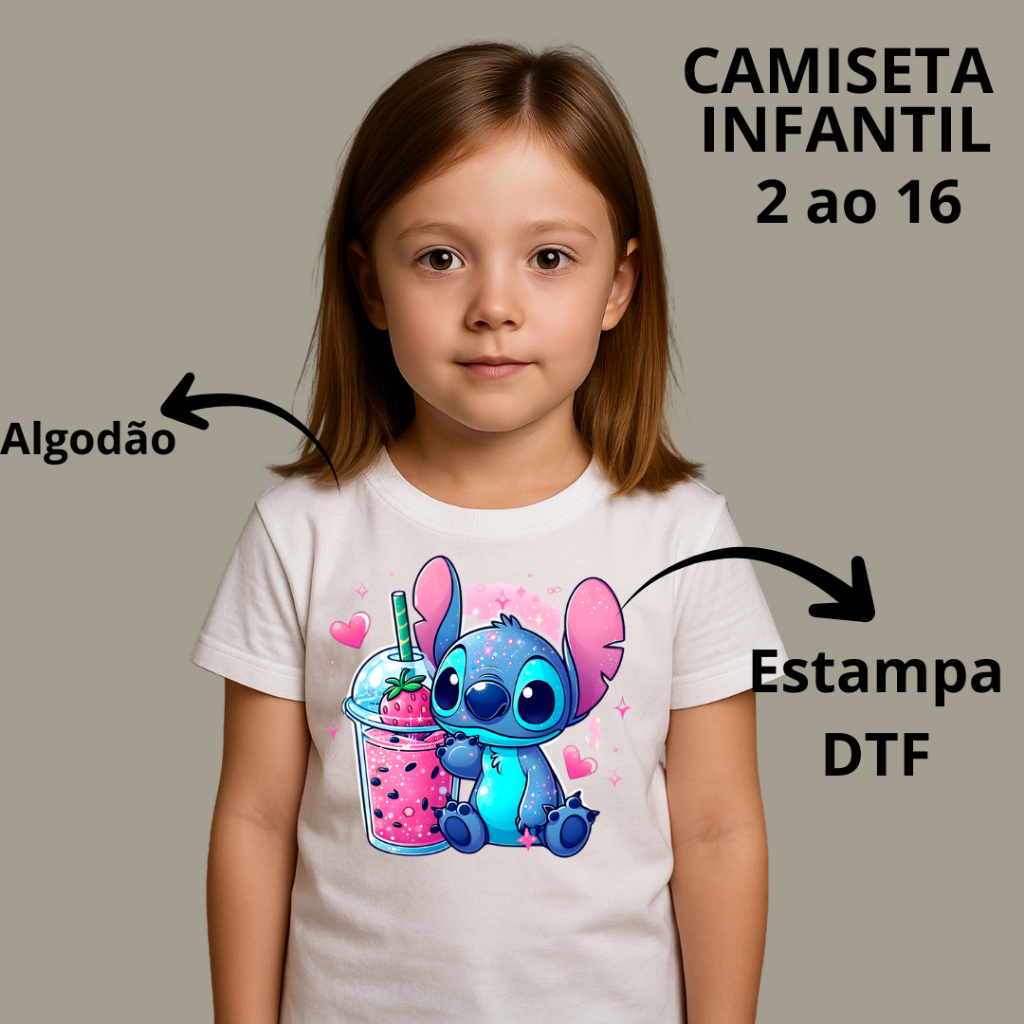 Camiseta Infantil Criança Personagem Estampada Minimalista Stitch Varios Modelos Tendência Menina 100% Algodão
