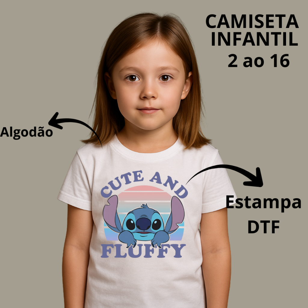 Camiseta Infantil Criança Estampada Minimalista Stitch Filme Tendência Menino Menina 2025/2026 100% Algodão