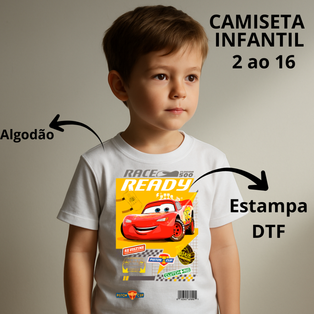 Camiseta Infantil Criança Menino Carros Cars Ready Filme Tendência Estampada Minimalista 100% Algodão