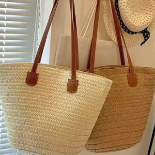 Bolsa de palha de grande capacidade para férias casuais praia portátil nova moda bolsa de ombro tecida em Oferta na Shopee