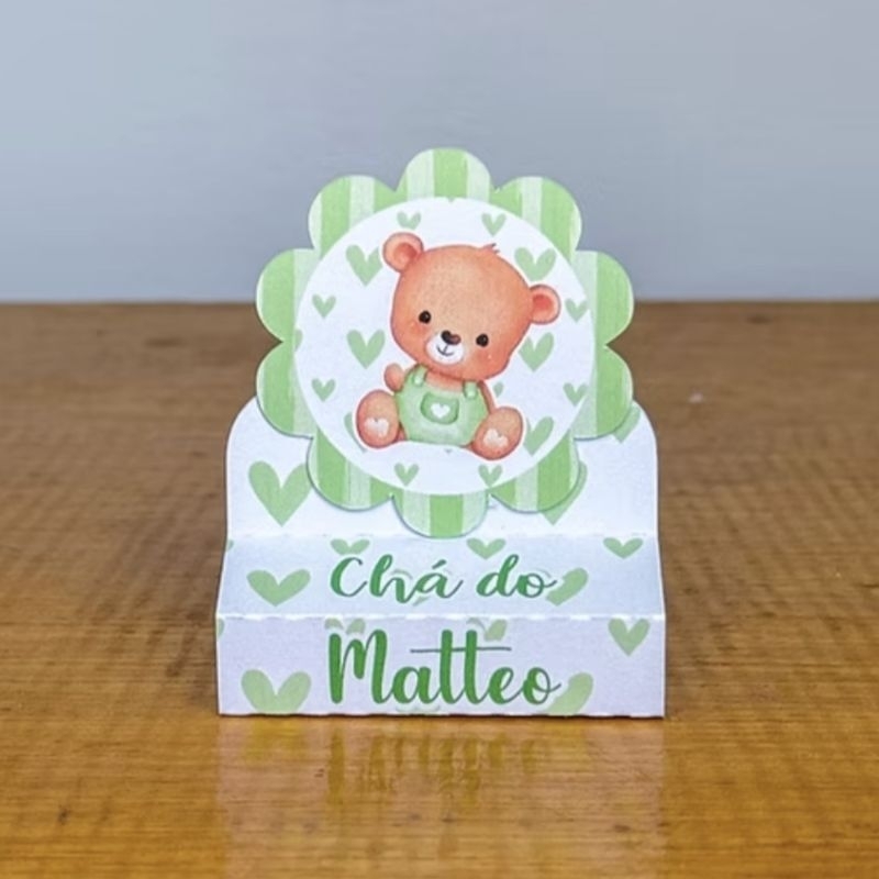 PEGUE E MONTE - Kit Porta Bis Duplo Personalizado Lembrancinhas Aniversário Festa Caixinhas Chá de Bebê Ursinho Verde