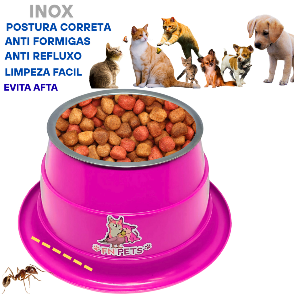 comedouro bebedouro inox alto cachorro e gato anti formigas pote de ração para caes e gatos FN PETS