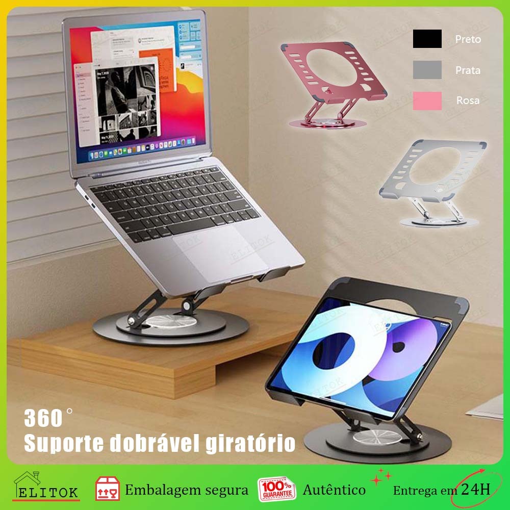 Suporte para Notebook de Aço Dobrável 360° Giratório Ajustável Base Reforçada Portátil Compatível 10 a 17 Polegadas
