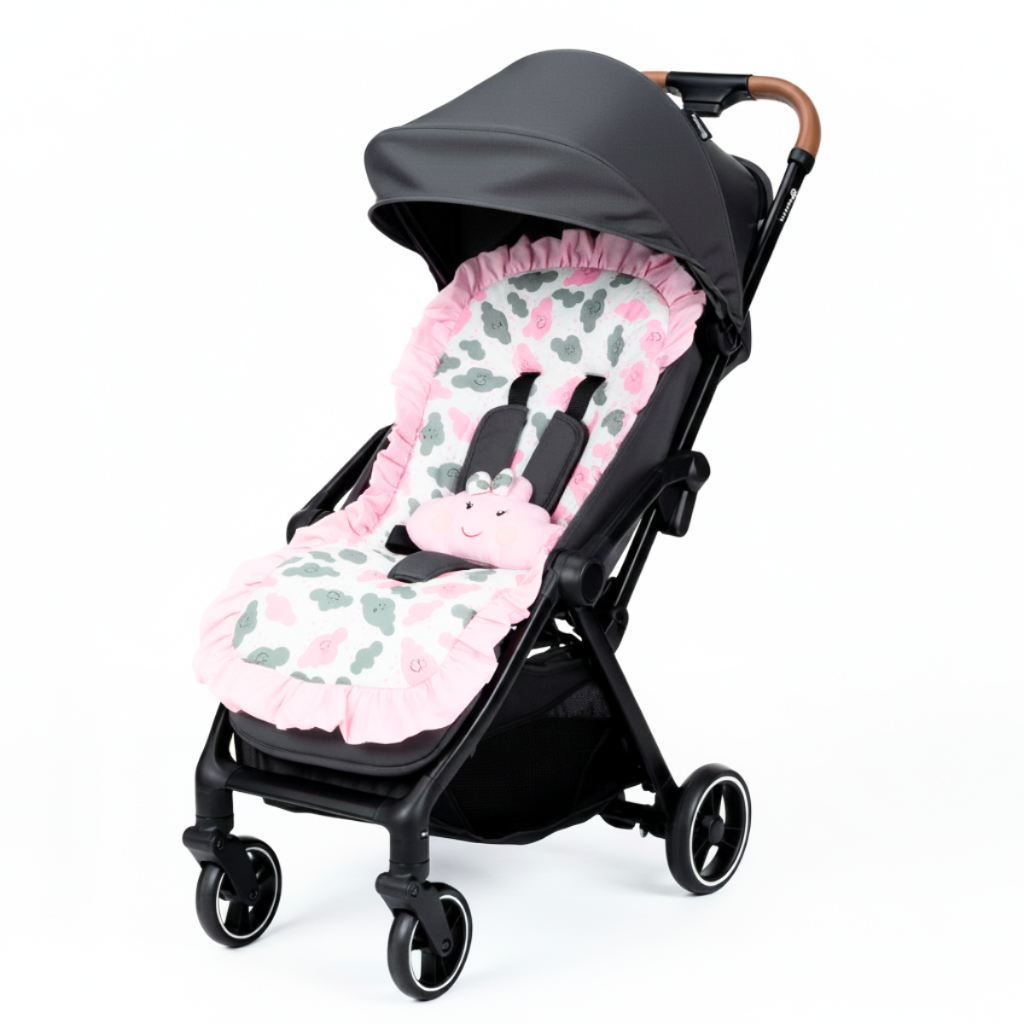 Capa de Carrinho + Almofadinha com Tecido Estampado 100% Algodão Nuvem Rosa Tamanho Universal