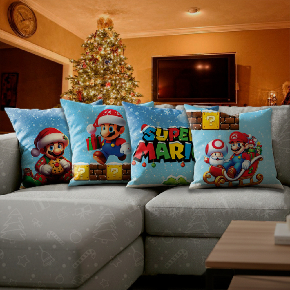Kit 4 Capas Almofadas Sofá Natal 45x45 Decoração Sala Quarto S. Mario Capa Com Zíper