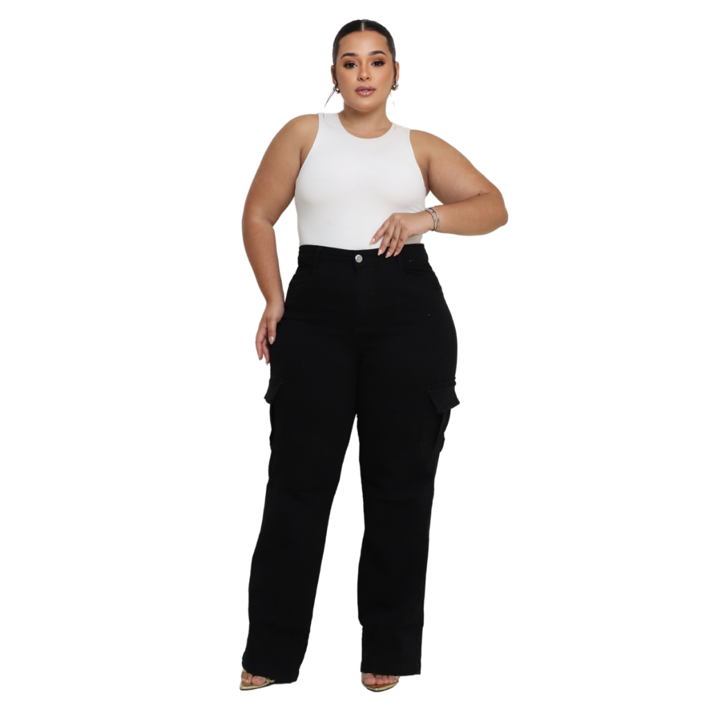 Calça Feminina Plus Wide Leg Preta CARGO Lisa Modelo 2025