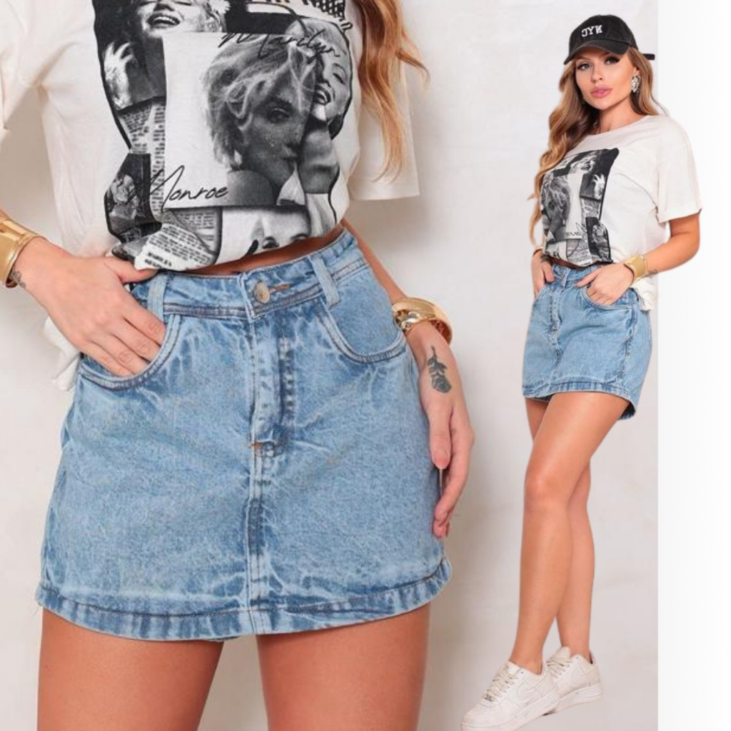 Short Saia Jeans Feminino Camarote Jeans 100% Algodão Cintura Alta