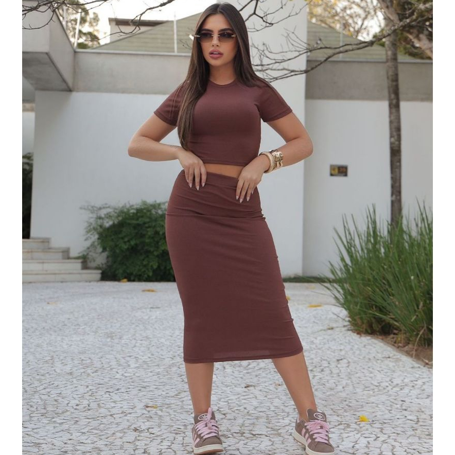 Conjunto Feminino Cropped + Saia Midi Casual Ribana Canelada Elegante. em Oferta na Shopee
