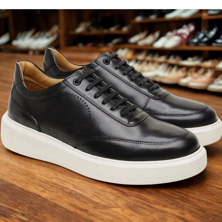 Tênis Masculino Em Couro Legítimo Confortável Sapatenis Casual Moderno Sola Alta De Amarrar Cinto De Couro Moderno Macio